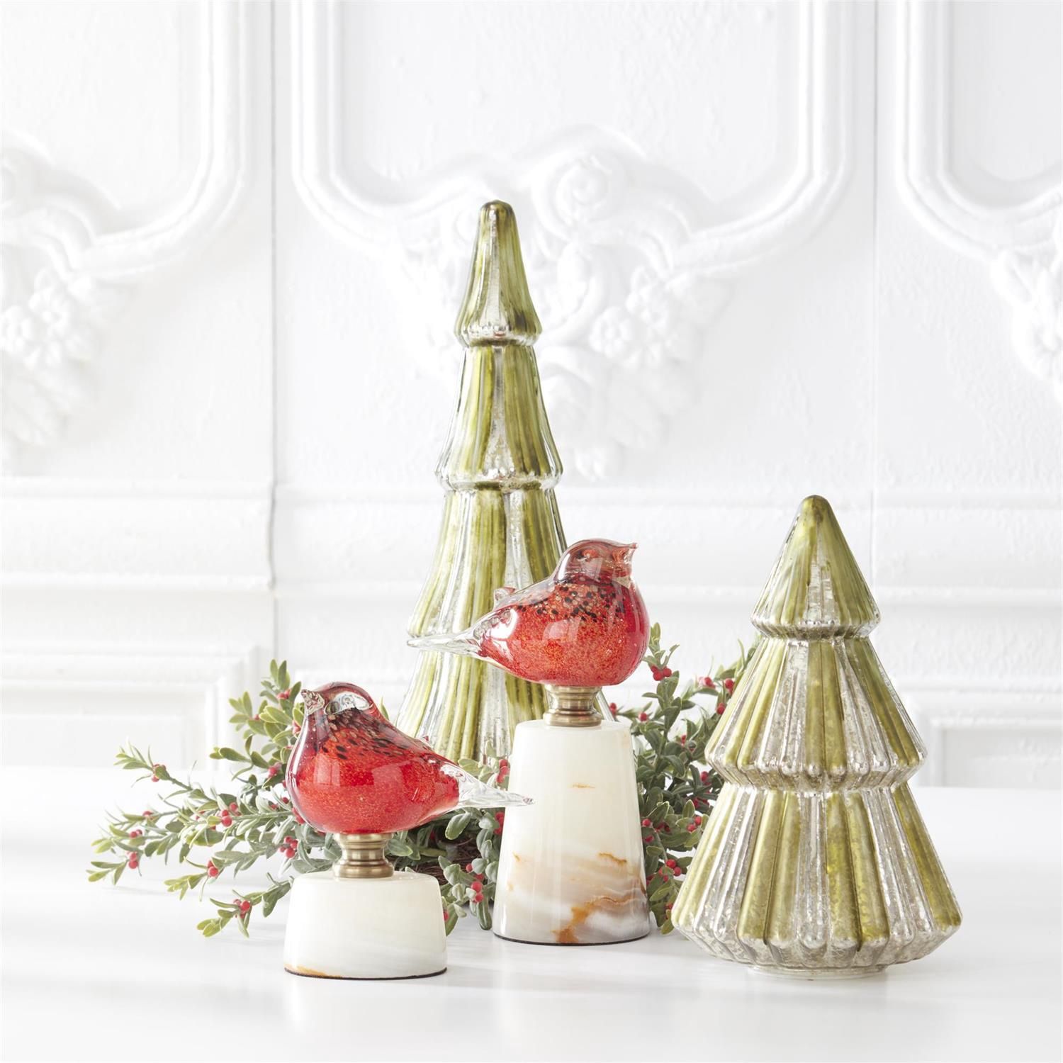 Set of 2 Red Glass Birds on White Marble Bases