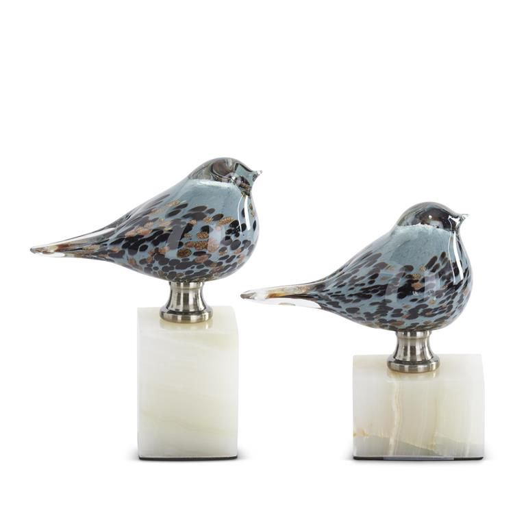 KK Set of 2 Blue Glass Birds on Marble