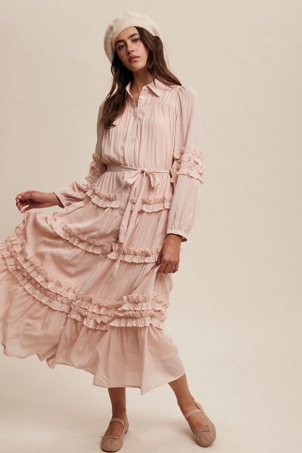 Button Down Ruffle Trim Tiered Maxi Dress