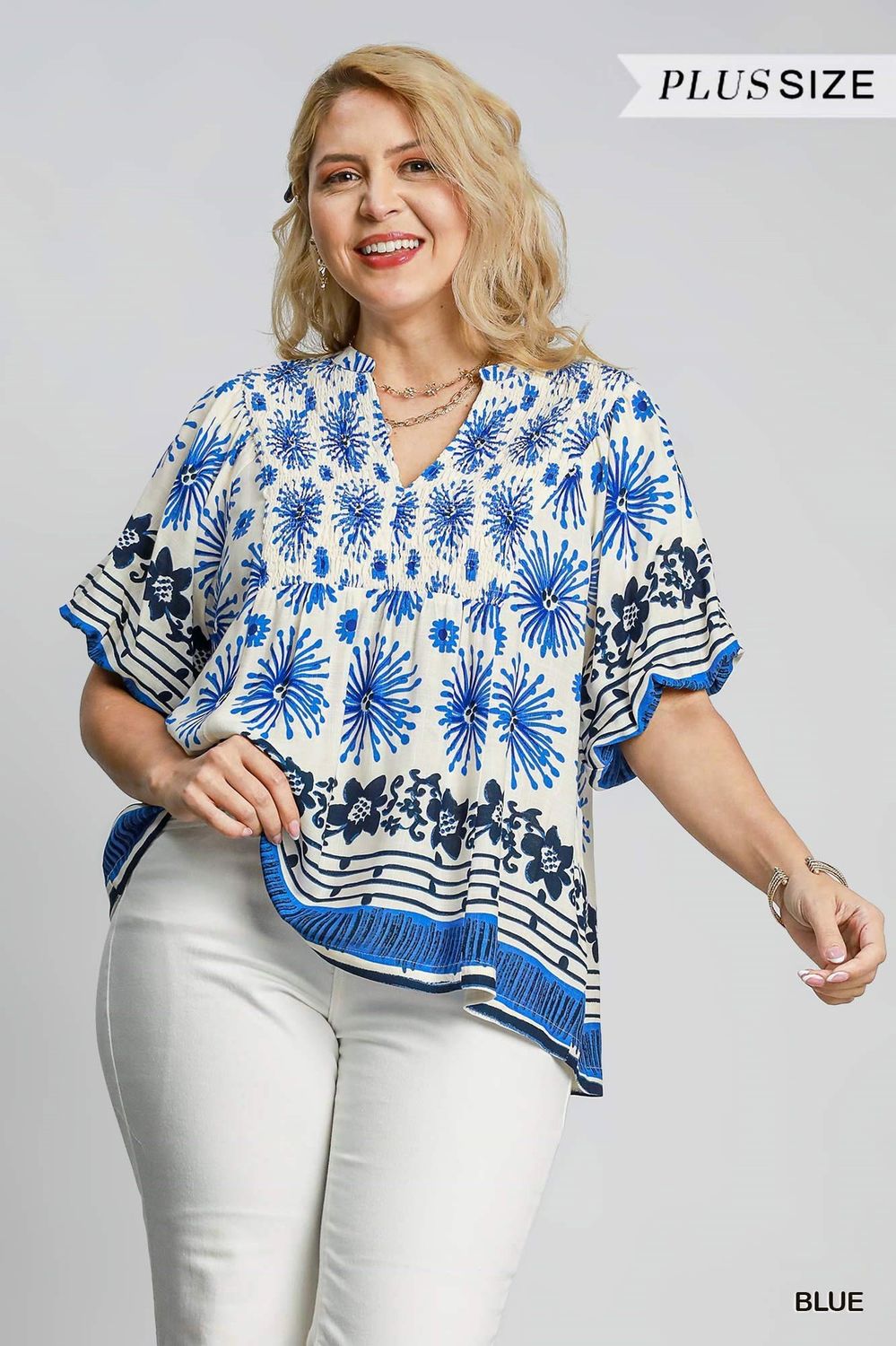 Mixed Border Print Top with Smocked Details Plus