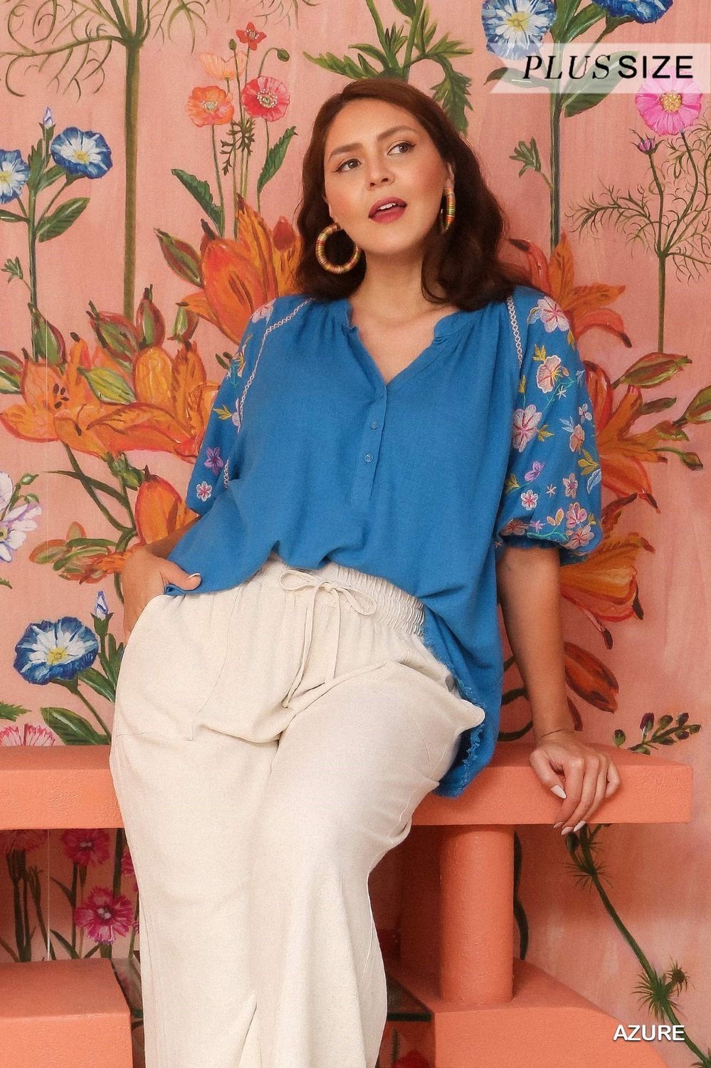 Linen Split Neck Mid Button Down Top Plus