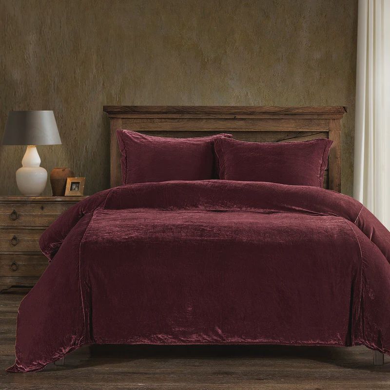 HE Stella Faux Silk Velvet Duvet Cover Set Q Garnet Red