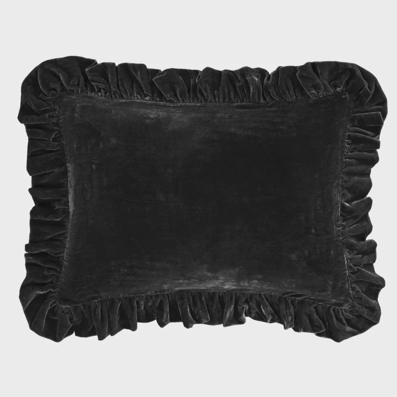 HE Stella Faux Silk Velvet Oblong Pillow Ruffled Edge Fern Green