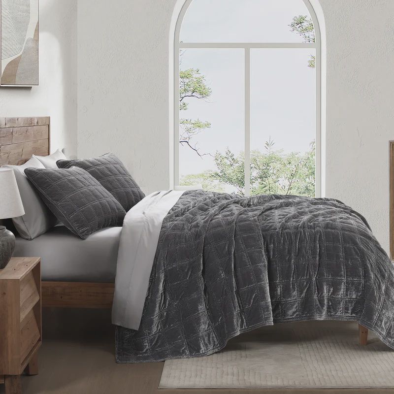 Stella Faux Silk Velvet Double Box Stitch QUEEN Quilt Set