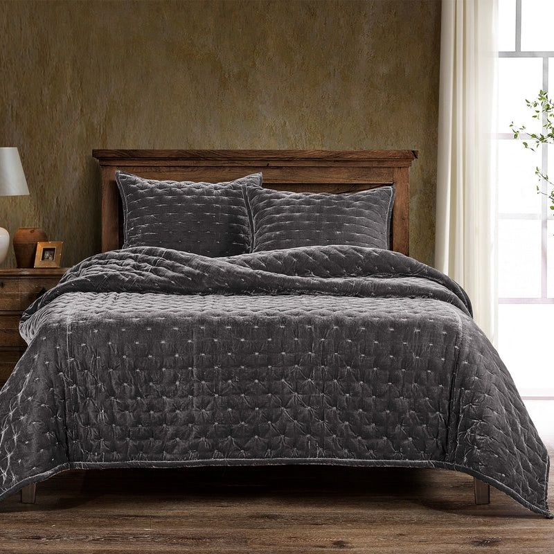 Stella Faux Silk Velvet Quilt Set Queen Slate