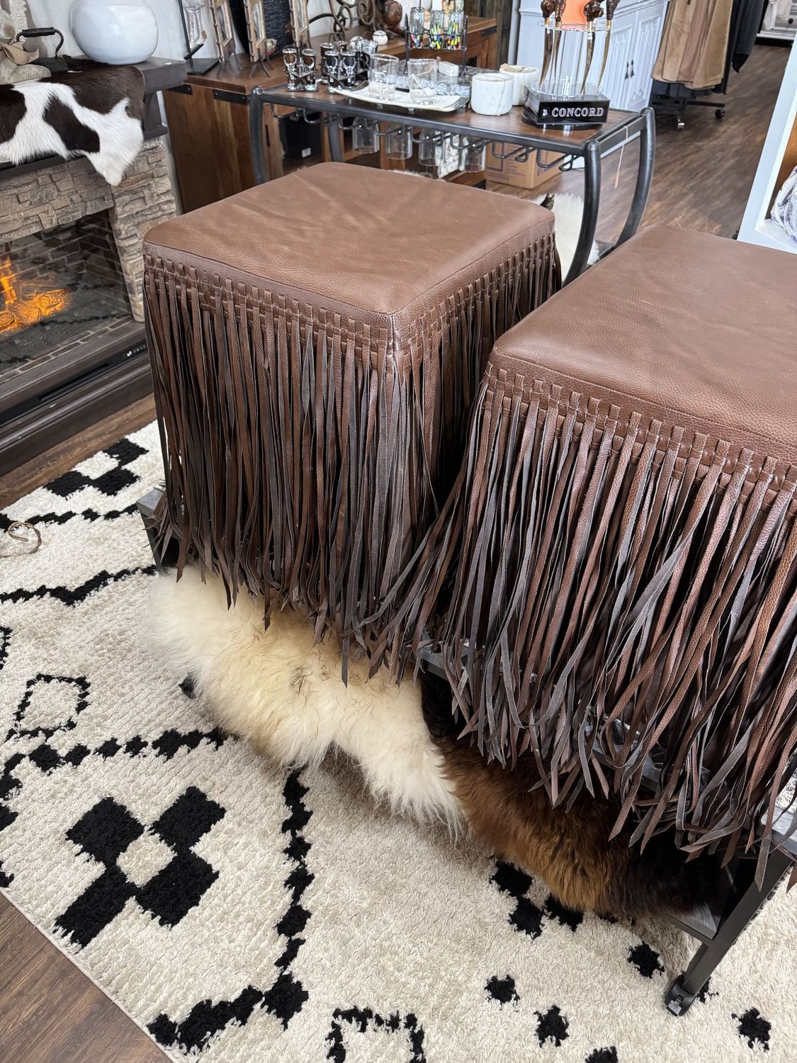 Brown Leather Fringed Sq Ottoman/Stool