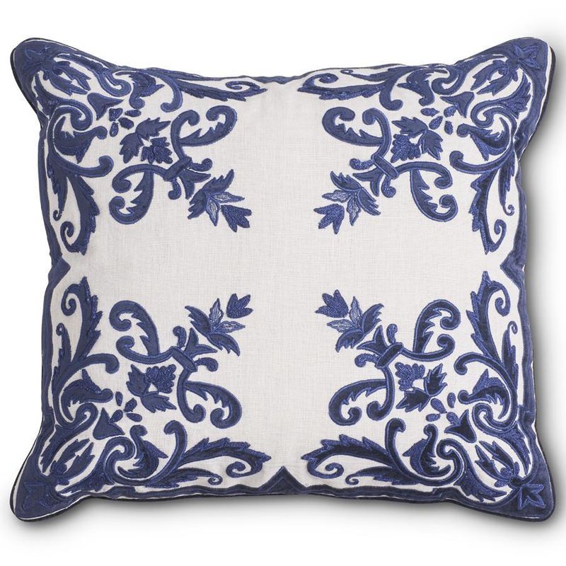 KK 20 Inch Royal Blue Velvet Linen Embroidered Pillow