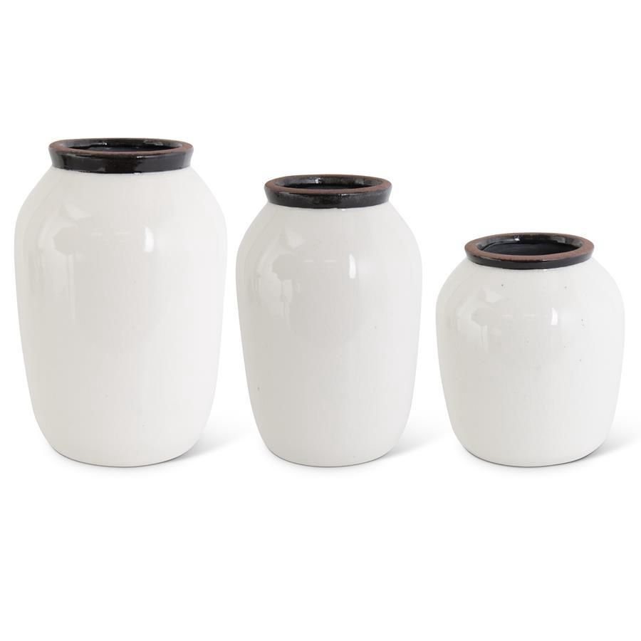 KK White Crackled Ceramic Vases with Blk Speckles