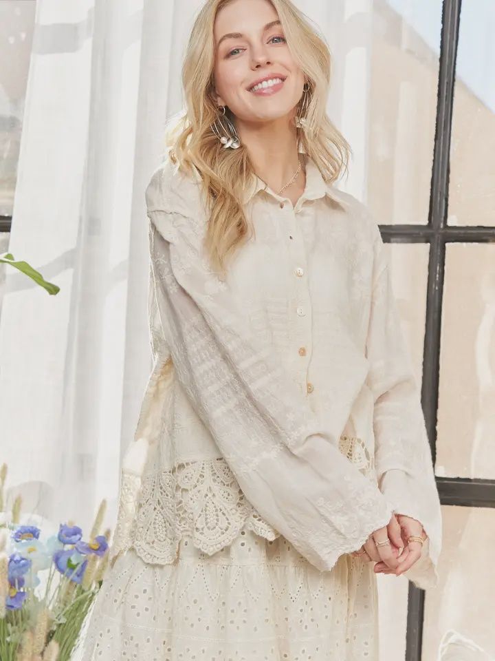 Long Sleeves Crochet Scallop Hems Shirt