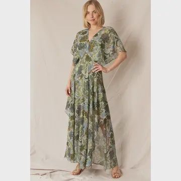 V-Neck Printed Gauze Maxi Dress Green Multi