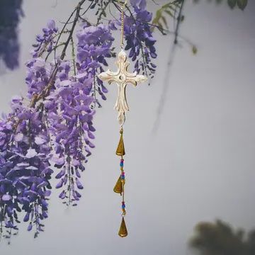 Seville Whitewash Wood Cross Hanging Chapel Bells Wind Chime