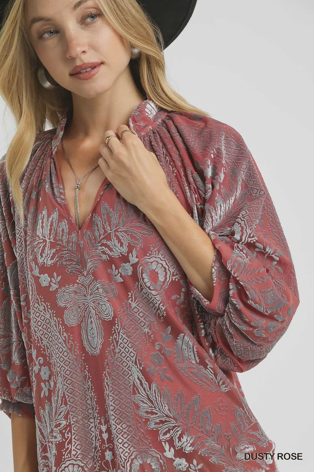 Damask Print Velvet Split Neck Top