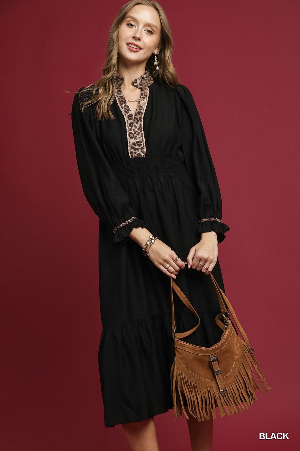 Midi Black Dress Leopard Trim