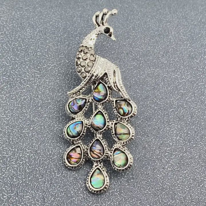 Abalone Shell Silver Tone Peacock Brooch
