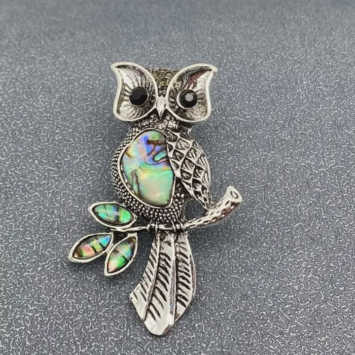 Abalone Shell Silver Tone Owl Brooch