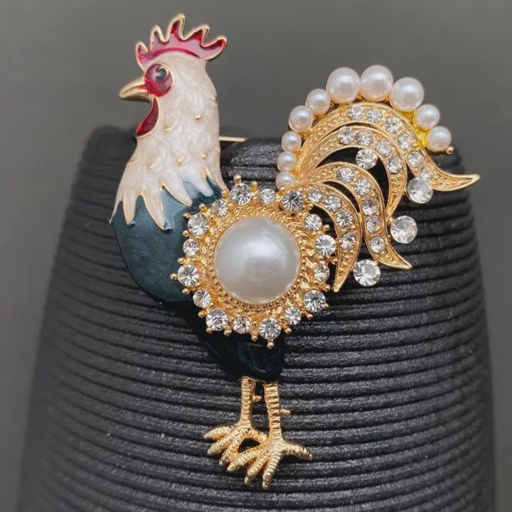 Rhinestone &amp; Pearl Inlaid Enamel Brooch Rooster