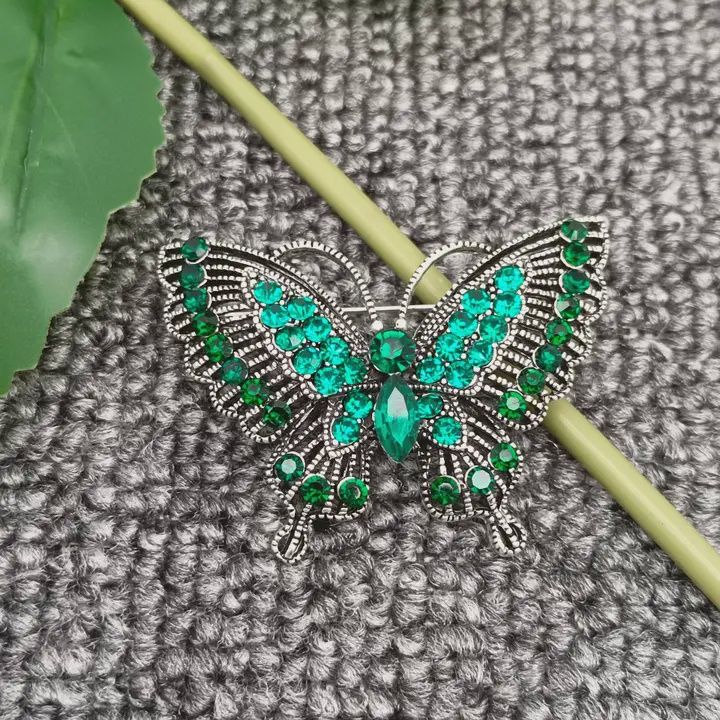 Vintage Green Rhinestone Butterfly Brooch