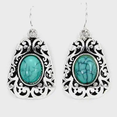FR2166 Turquoise Filigree Acrylic Stone Dangle Earrings