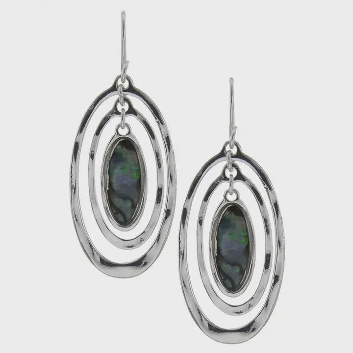 FR2209 Hammered Ring Layer Abalone Long Oval Earrings