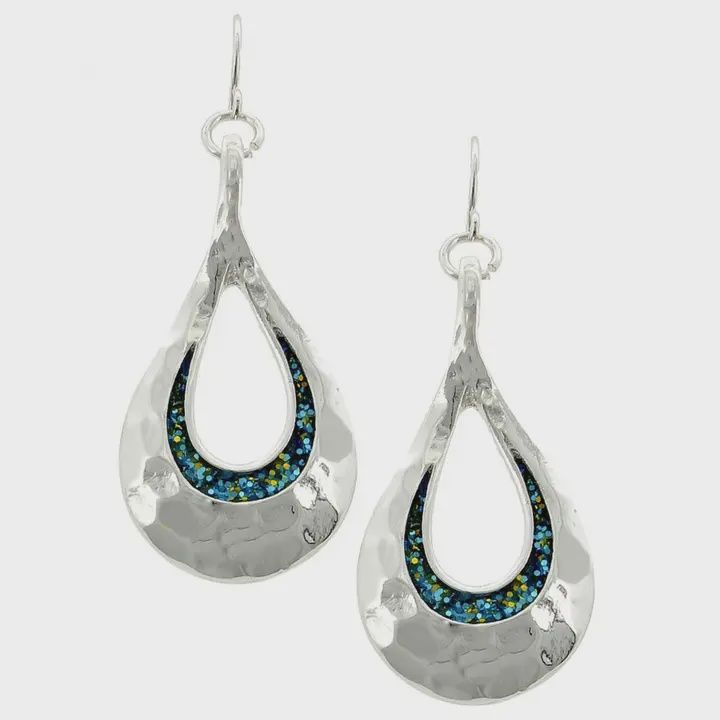 FR3020 Glitter Blue Open Teardrop Metal Earrings