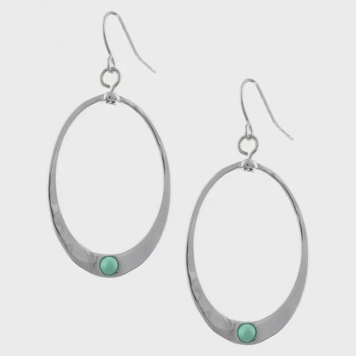 FR3456 Hammered Oval Turquoise Bead Metal Dangle Earrings
