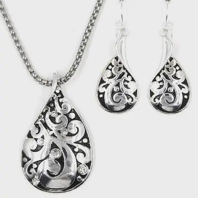 FR3825 Crystal Filigree Metal Pendant Necklace Set