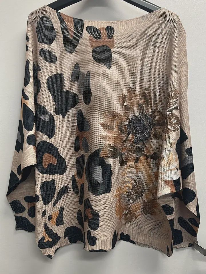 Beige Leopard Round Neck Knit Sweater