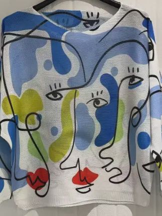 Blue "Picasso" Round Knit Printed Sweater