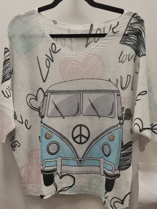 White Love Van Knit Printed Sweater 3/4 Sleeves