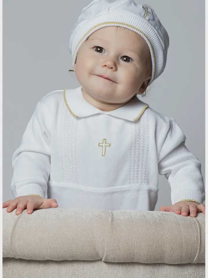 Boys Christening Romper w/ hat cross detail