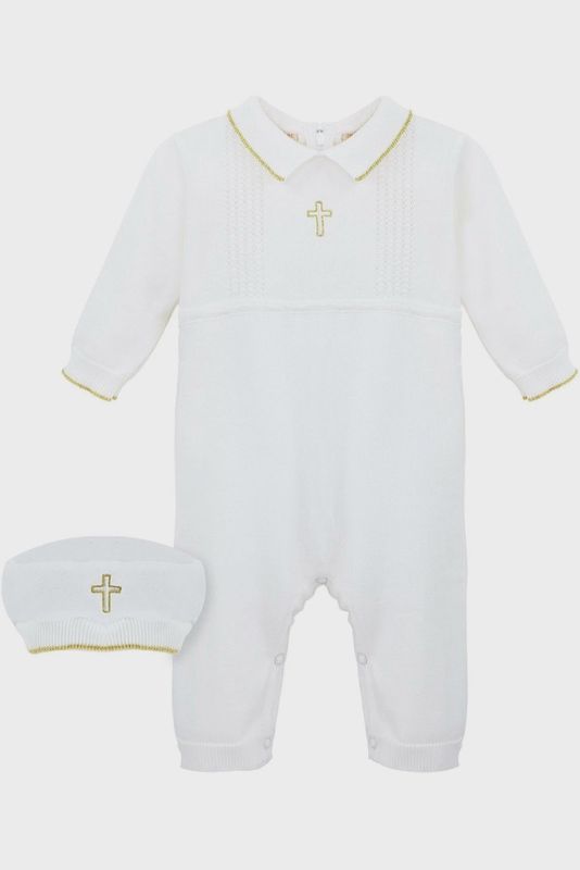 Boys Christening Romper w/ hat cross detail