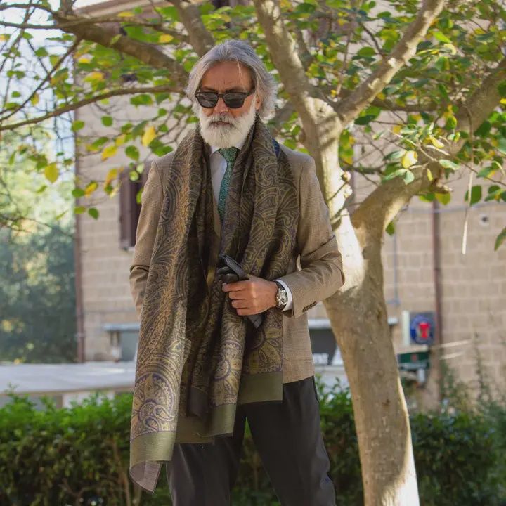 Leone - Wool Silk Scarf - Olive Green