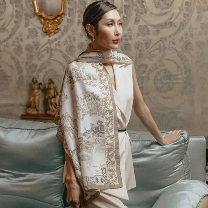 Toile - Long Silk Scarf - Tan