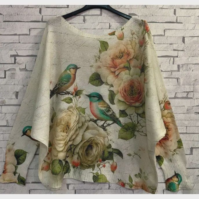 Beige Birds Round Knit Printed Sweater