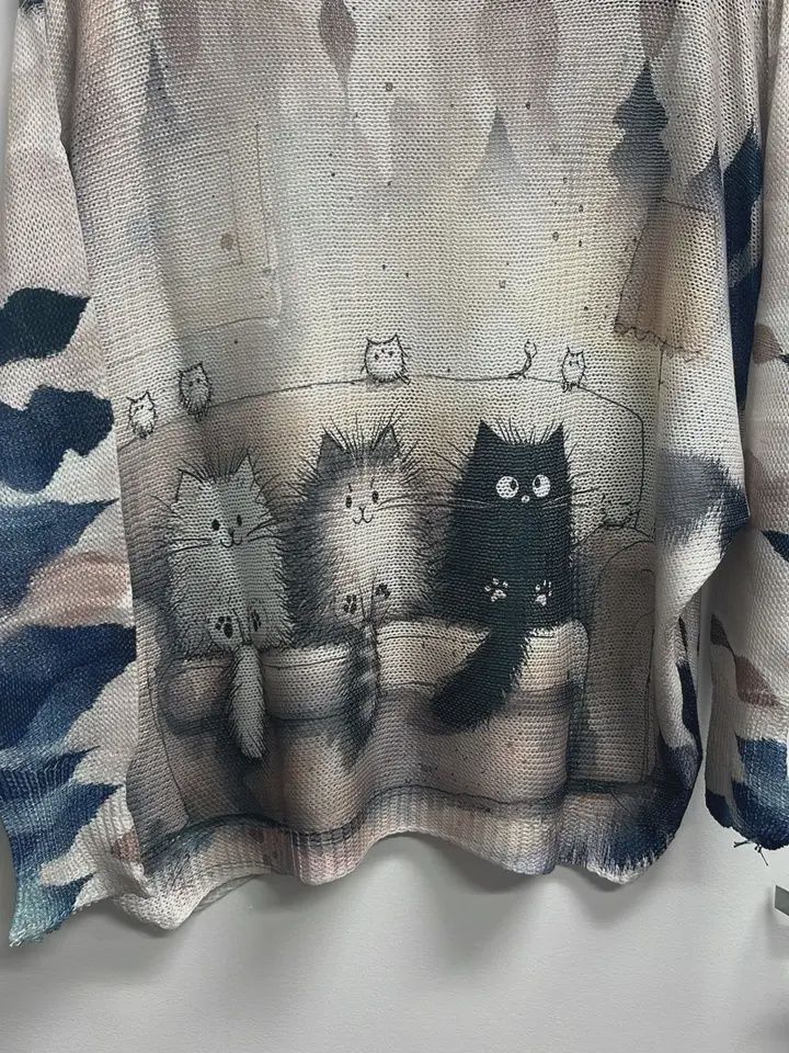 CATS Black &amp; Beige Cats Round Knit Printed Sweater