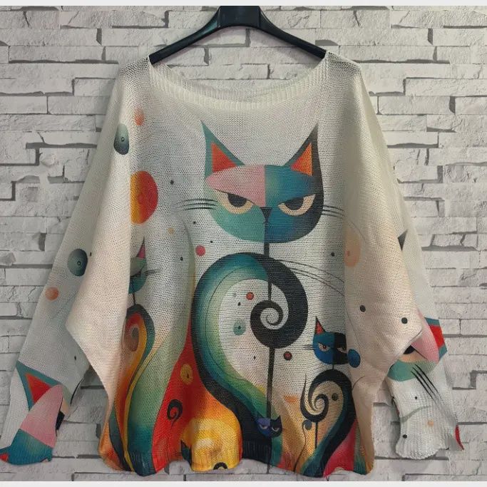 Cream Cat Round Knit Printed Sweater
