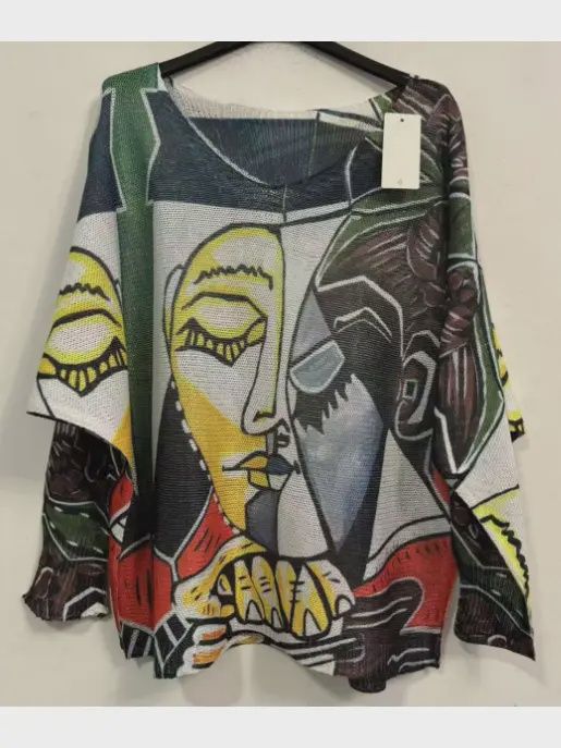 Popic Black " Picasso" V-Neck Knit Printed Sweater