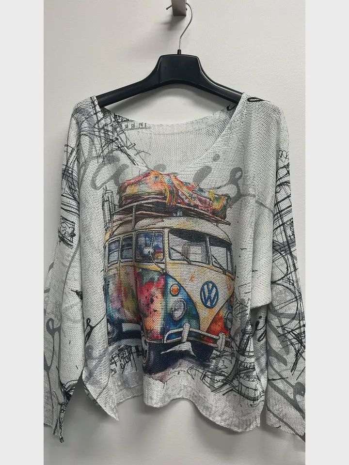 Van Multicolor V-Neck Knit Printed Sweater