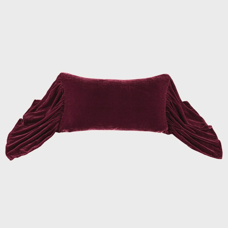 HE Stella Faux Silk Velvet Oblong Pillow Ruffled Edge Garnet Red
