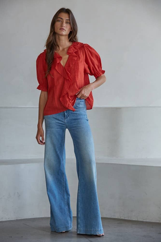 Woven Cotton V-Neck Short Sleeve Top L8439, Color: Cherry Tomato, Size: L