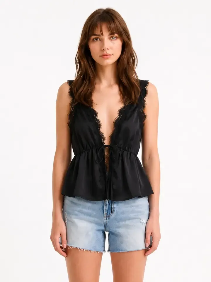 Lace Trim Peplum Tie Front Top
