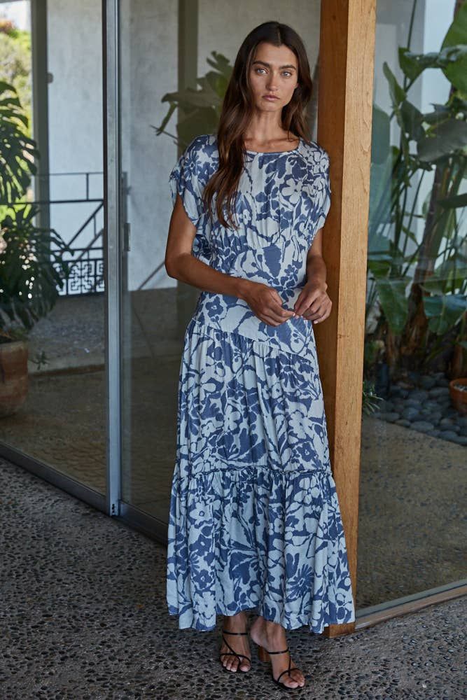 Woven Rayon Floral Print Short Sleeve Tiered Dress, Color: Midnight Blue, Size: L