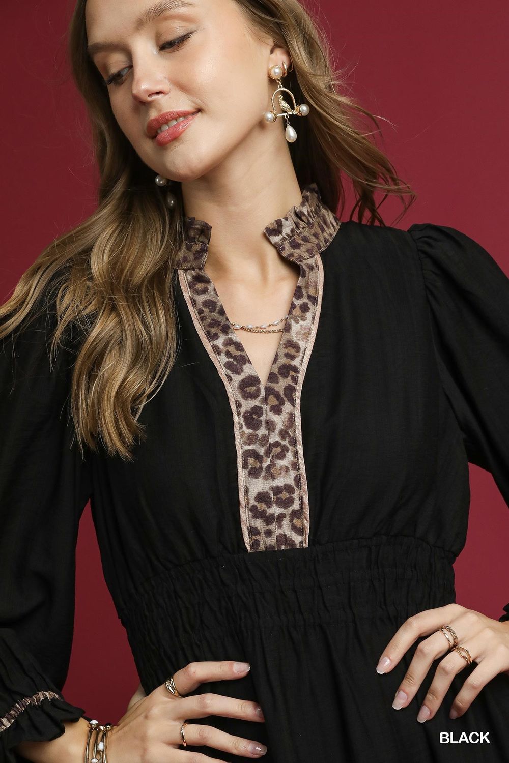 Leopard Trim V-Neck Puff Sleeve Blouse Plus