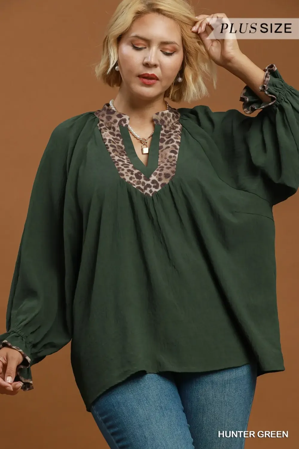 Leopard Trim V-Neck Puff Sleeve Blouse Plus, Color: Hunter, Size: XL