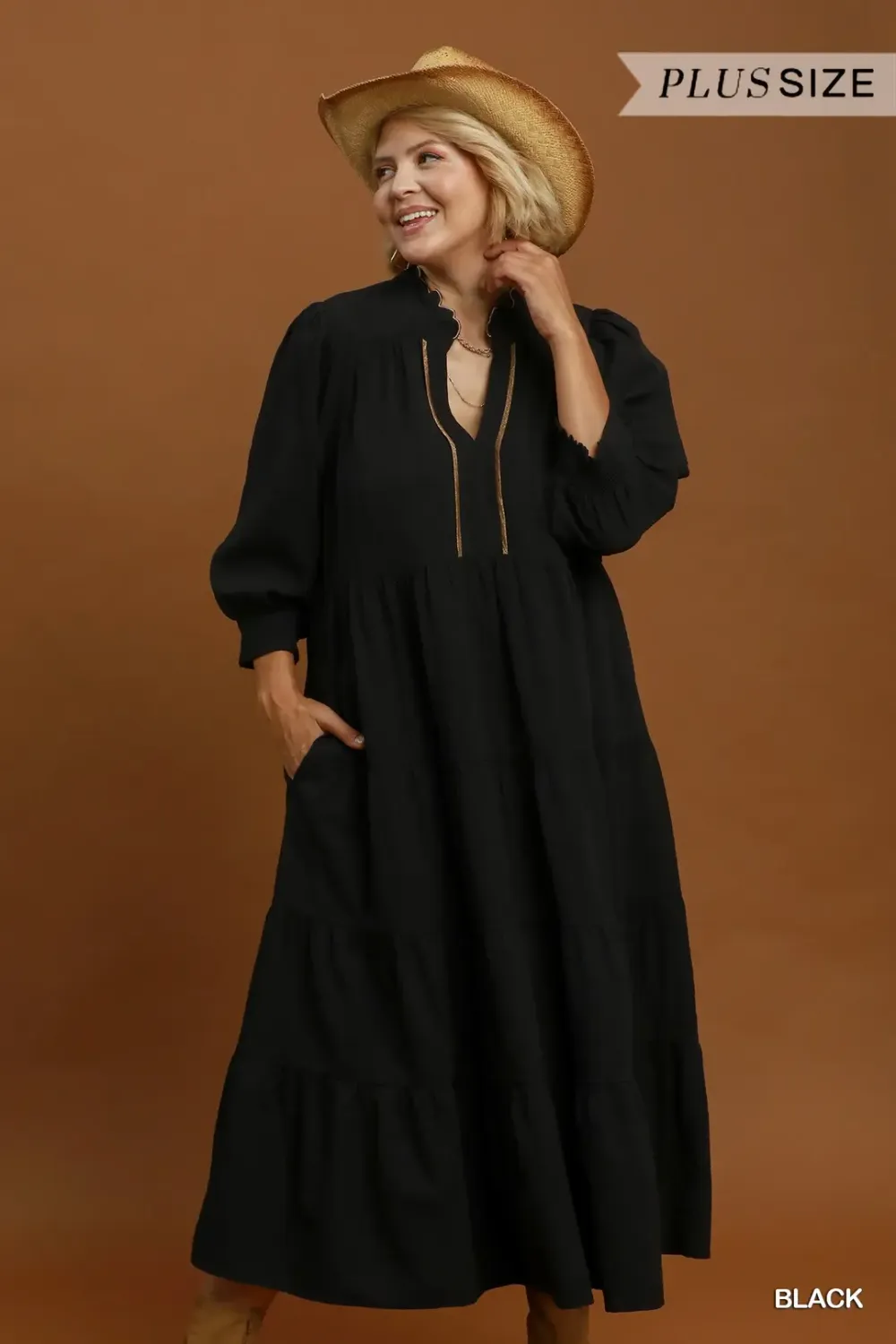 Seersucker Tiered Maxi Dress with Ruffle Collar Plus