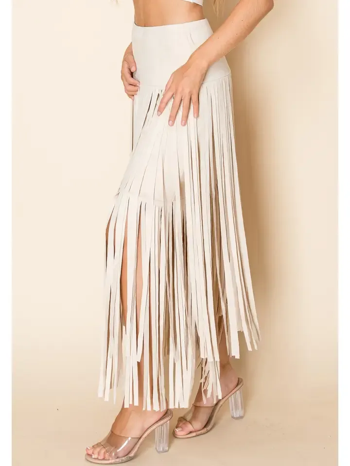 Faux Suede Long Fringe Skirt