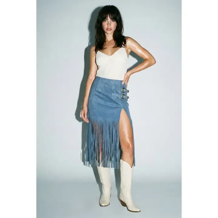 Vegan Suede Fringe Buckle Skirt