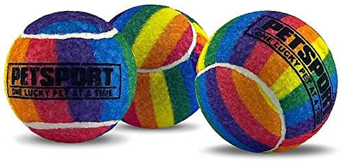 PetSport Rainbow Squeak Tennis Ball Dog Toys | 3 Pack Medium (2.5&quot;) Pet Safe Felt &amp; Extra-Thick Rubber Balls for Durability and Bounce | Play Fetch, L