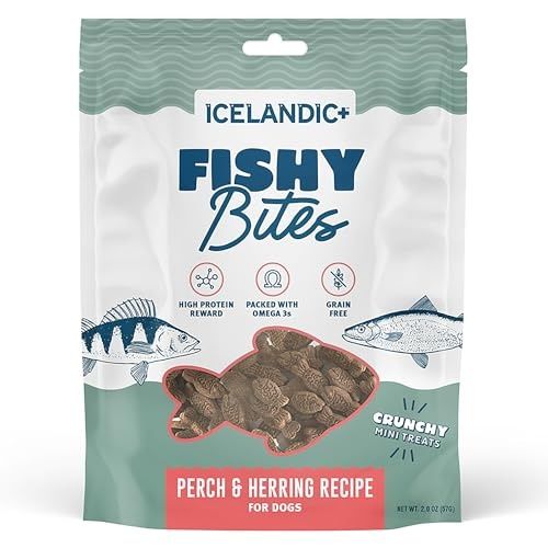 Icelandic+ Fishy Bites: Perch &amp; Herring - 2oz - Dog Treats, Crunchy Mini Snacks, 3 Ingredient Pet Rewards, Preservative Free, Slow Baked, Natural