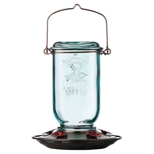 More Birds Rustic Glass Mason Jar Hummingbird Feeder 25 oz Aqua